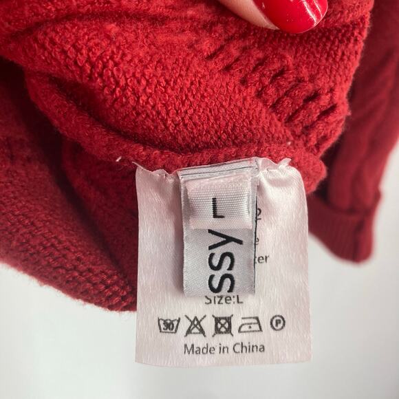 Embroidered Cable Knit Red Patchwork Chunky Cardigan 90s Sporty Grandpa Large - Picture 13 of 15